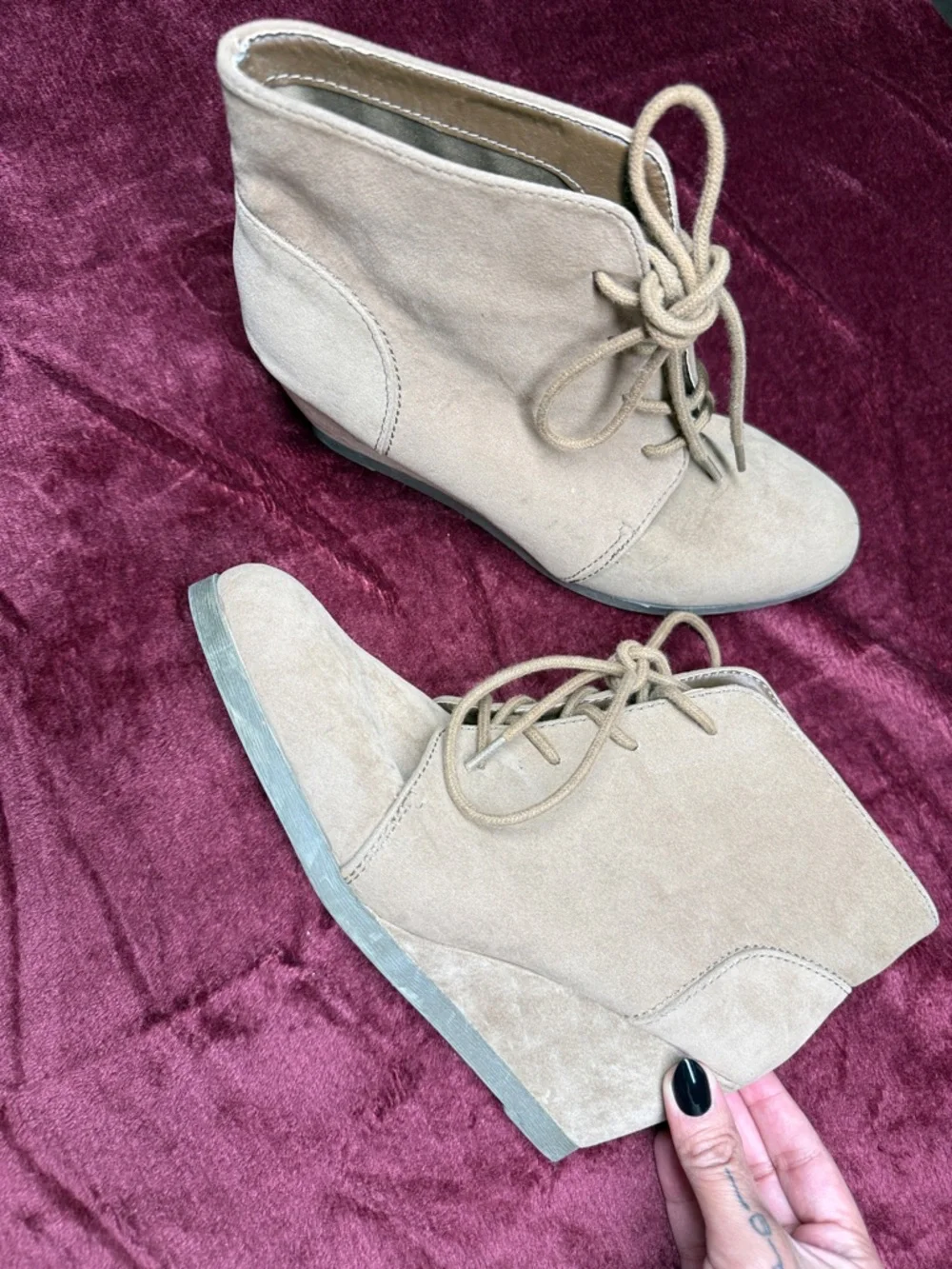 Madden Girl Beige Suede Lace-Up Wedge Booties - Womens